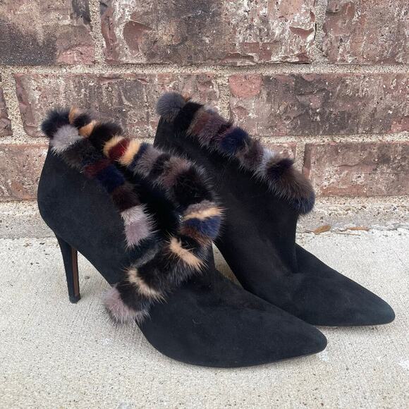 Donald Pliner‎ Women’s size 9m black suede Faux fur Heel Booties Y2K Glam - Picture 1 of 9